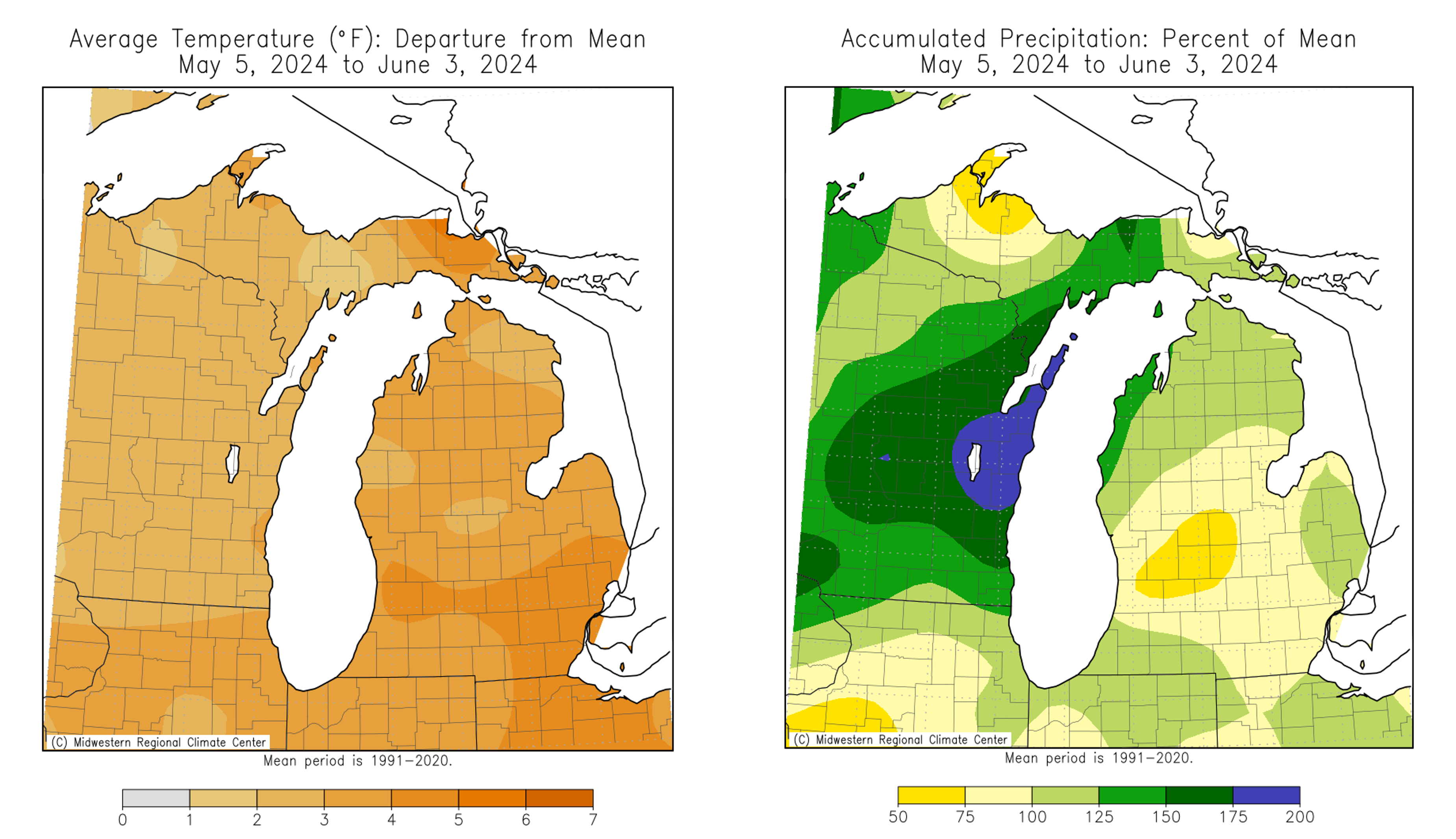 Maps of Michigan showing the 30-day temperature and precipitation departure from mean.